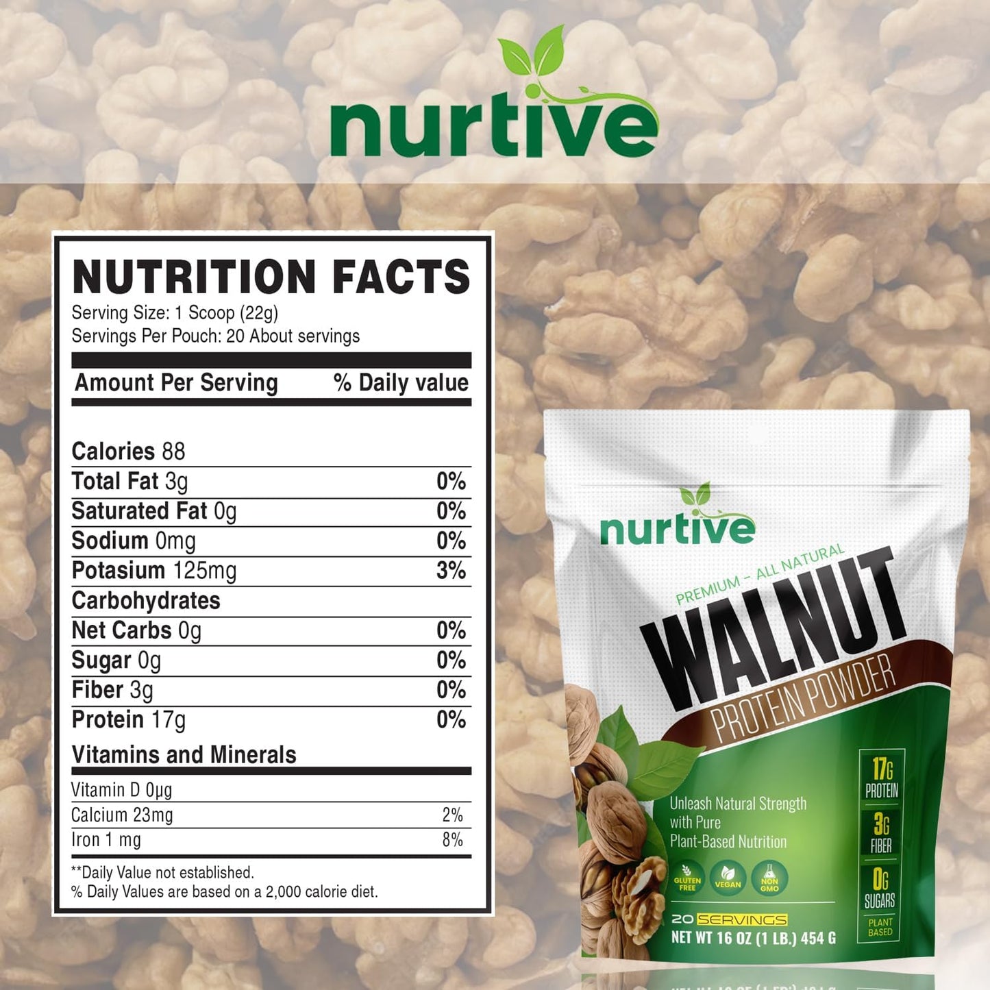 NURTIVE Plant-Based Walnut Protein Powder with Omega-3 - Antioxidant Boost for Smoothies & Baking - Gluten-Free, Vegan, Non-GMO - 20 Servings (16 oz)