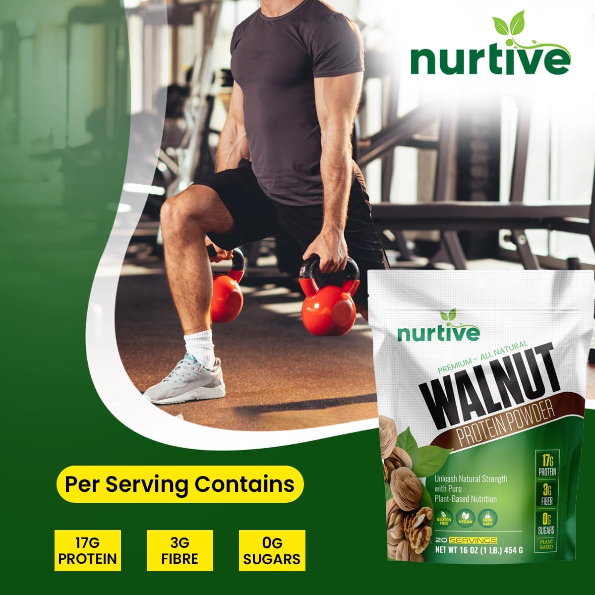 NURTIVE Plant-Based Walnut Protein Powder with Omega-3 - Antioxidant Boost for Smoothies & Baking - Gluten-Free, Vegan, Non-GMO - 20 Servings (16 oz)