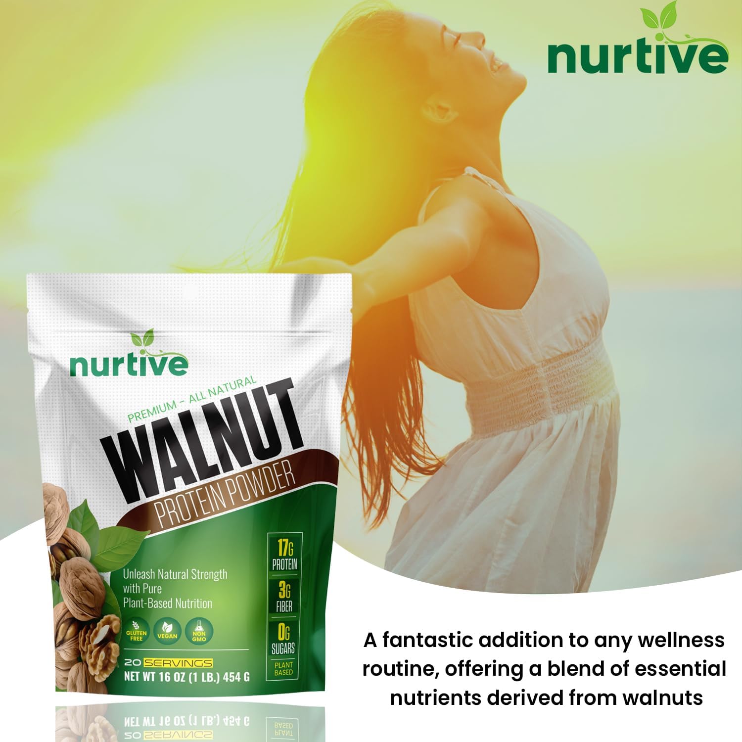 NURTIVE Plant-Based Walnut Protein Powder with Omega-3 - Antioxidant Boost for Smoothies & Baking - Gluten-Free, Vegan, Non-GMO - 20 Servings (16 oz)