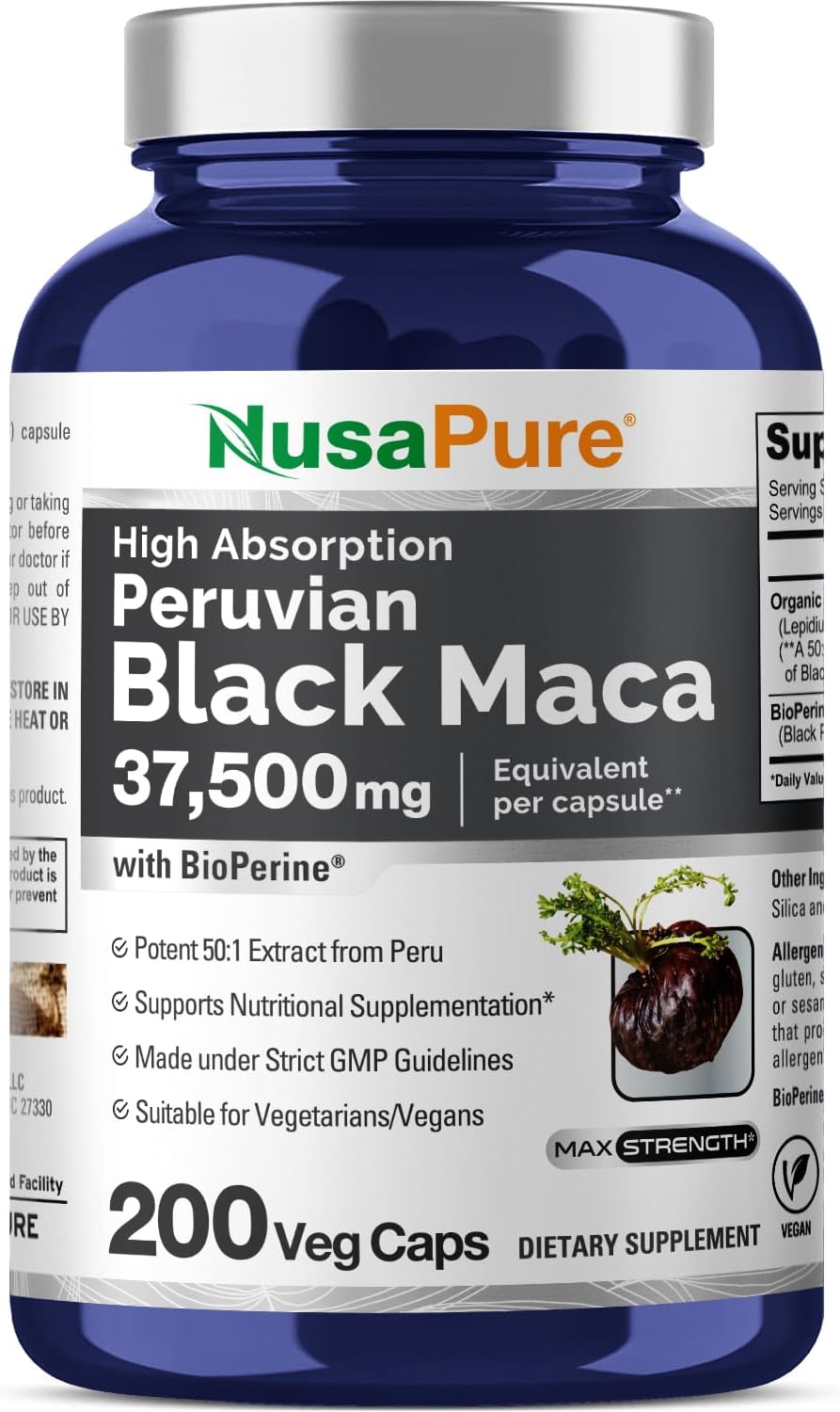 NusaPure Black Maca Root Capsules - 37,500mg per Capsule, 200 Capsules - Vegan & Non-GMO