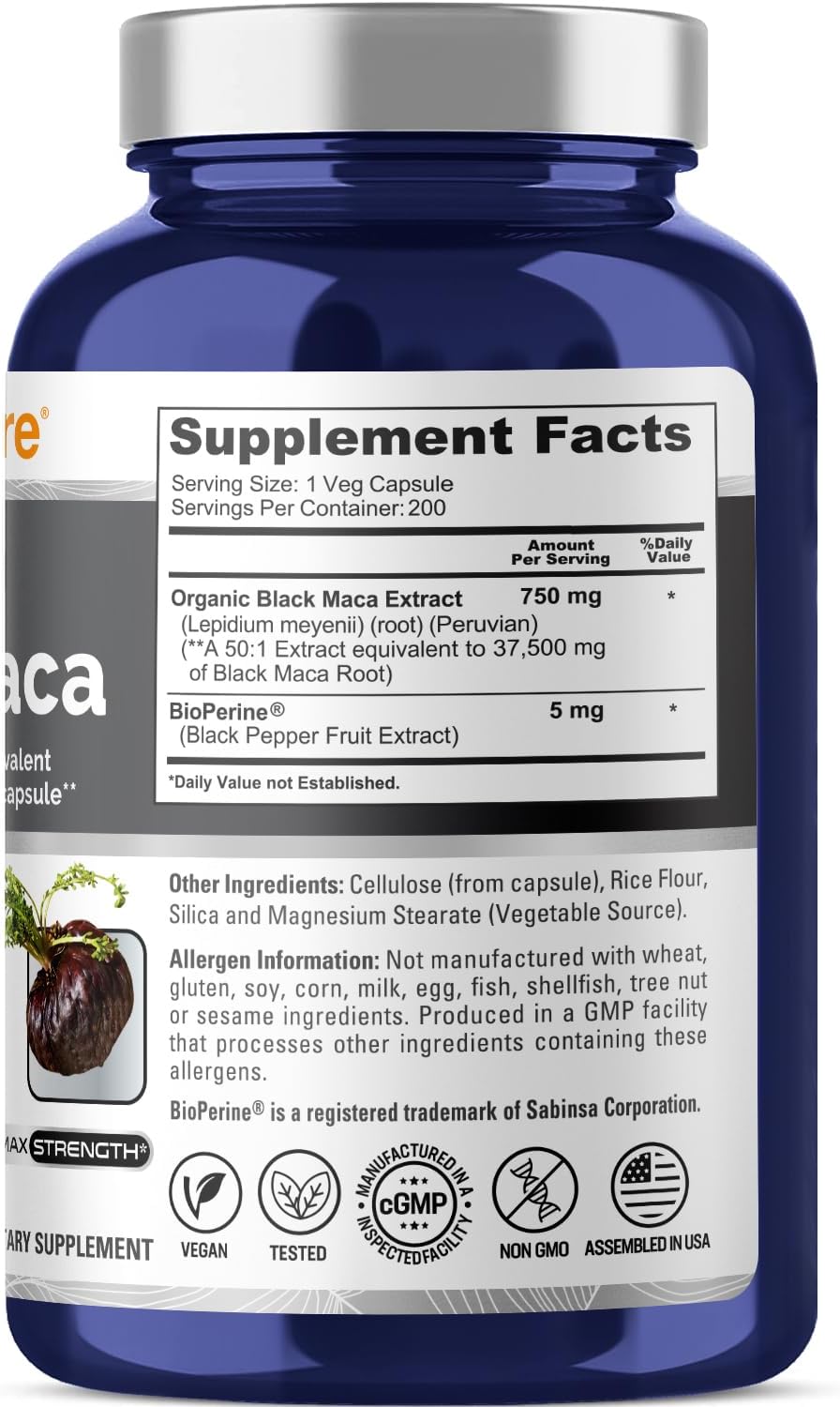 NusaPure Black Maca Root Capsules - 37,500mg per Capsule, 200 Capsules - Vegan & Non-GMO