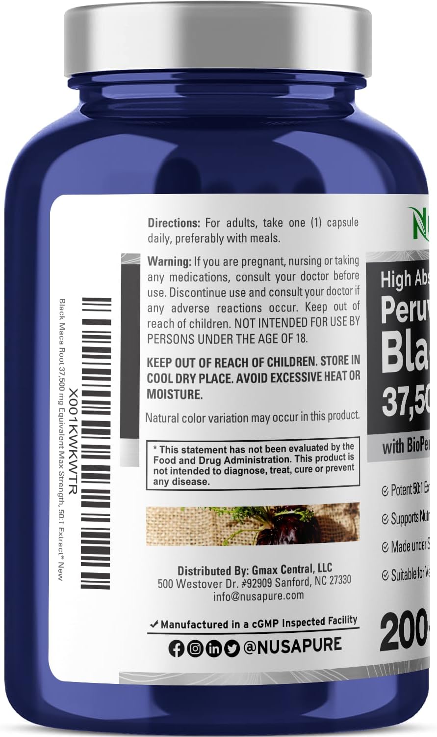 NusaPure Black Maca Root Capsules - 37,500mg per Capsule, 200 Capsules - Vegan & Non-GMO