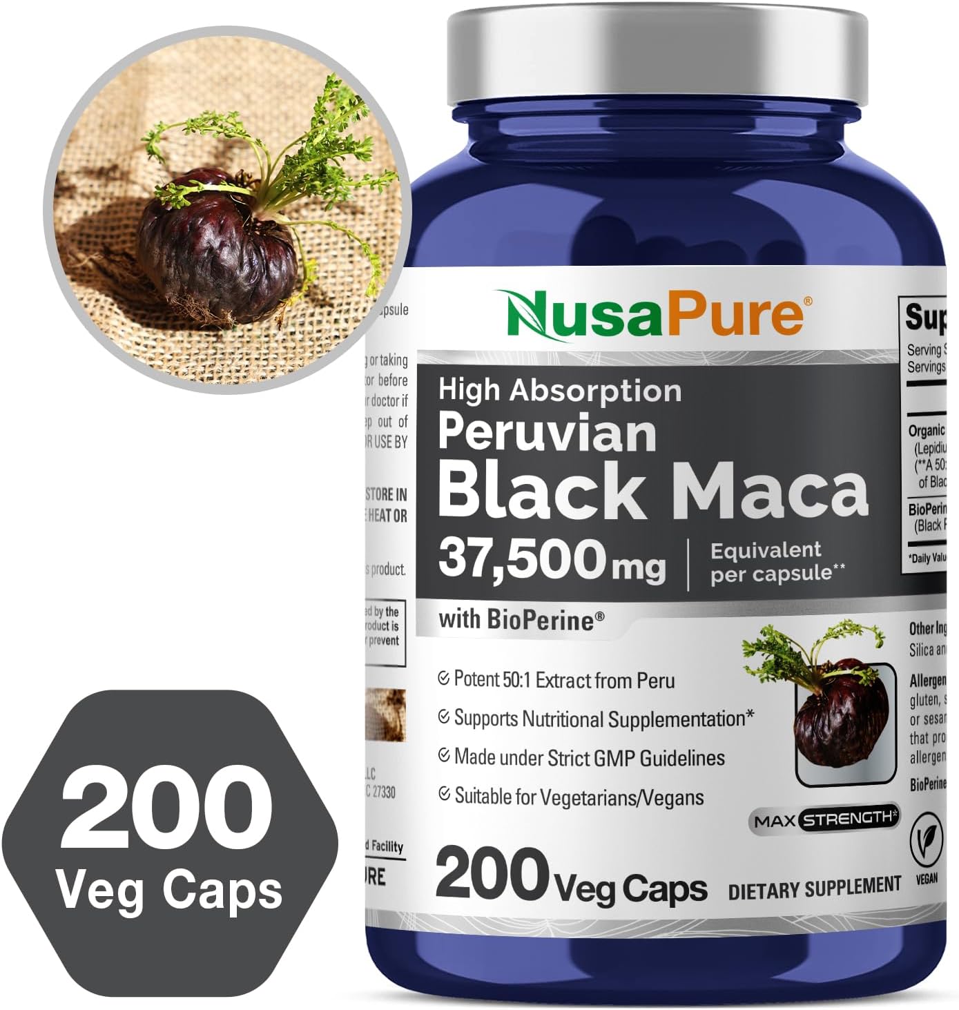 NusaPure Black Maca Root Capsules - 37,500mg per Capsule, 200 Capsules - Vegan & Non-GMO