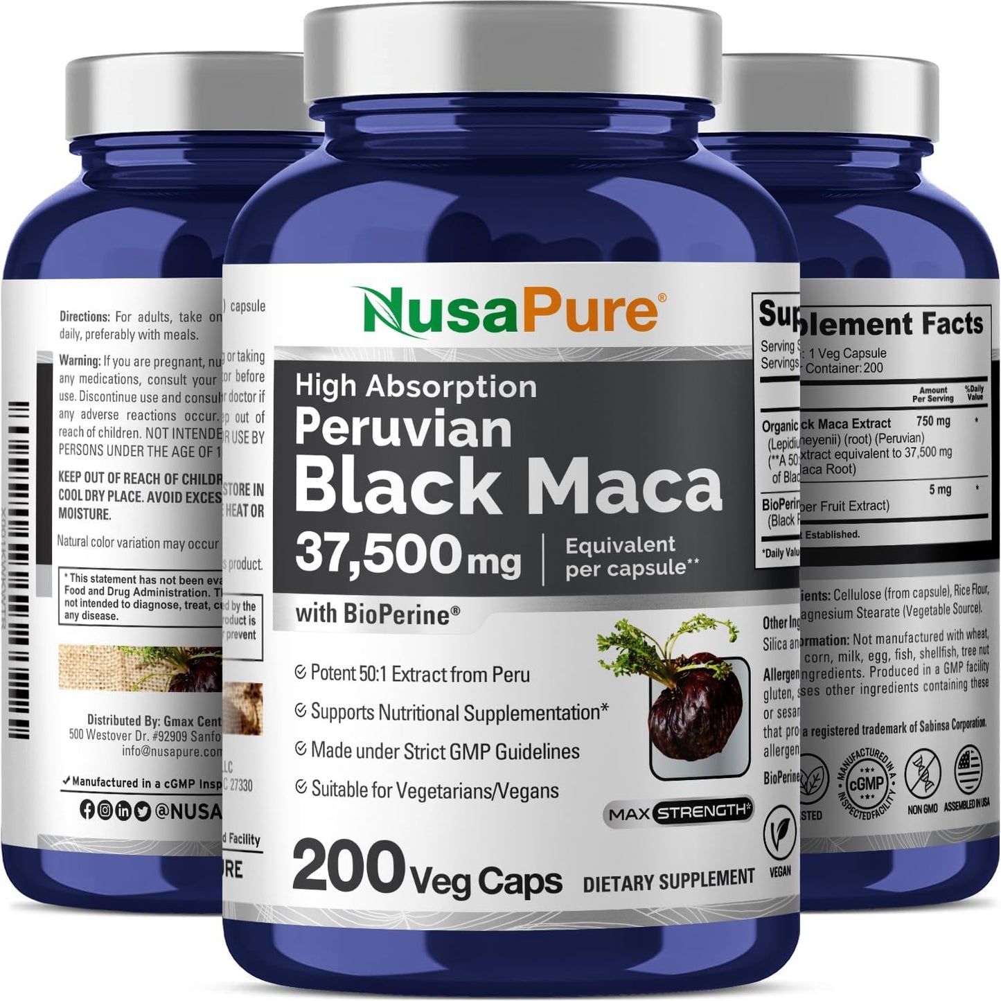 NusaPure Black Maca Root Capsules - 37,500mg per Capsule, 200 Capsules - Vegan & Non-GMO