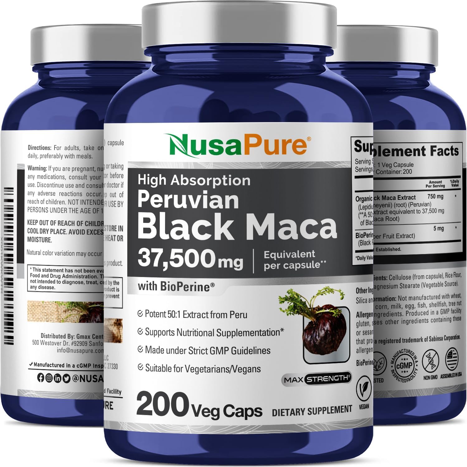 NusaPure Black Maca Root Capsules - 37,500mg per Capsule, 200 Capsules - Vegan & Non-GMO