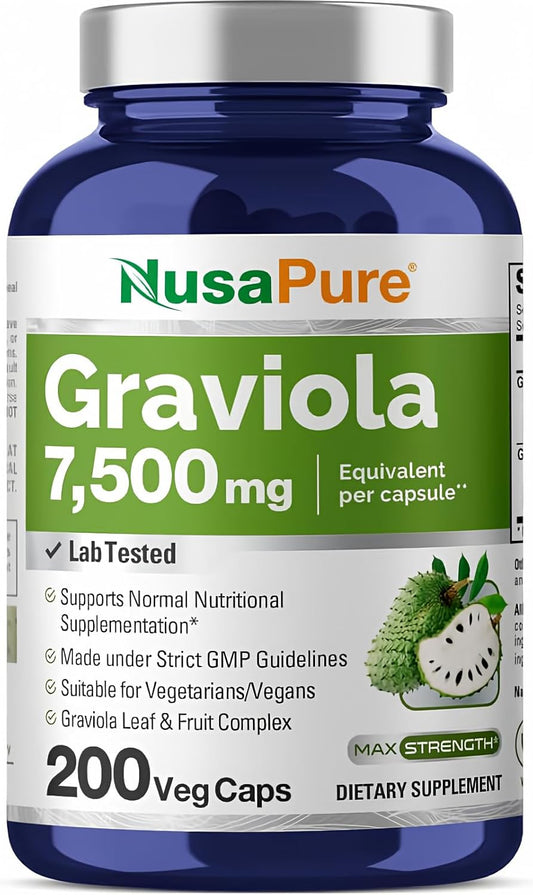 NusaPure Graviola Extract Capsules - 7,500 mg Equivalent, 200 Veggie Caps, Non-GMO 20:1 Extract