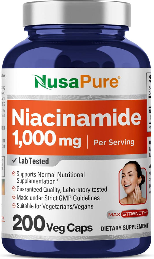 NusaPure Niacinamide 1000mg 200 Veggie Capsules - Non-GMO, Vegan Formula for Flush Free Support