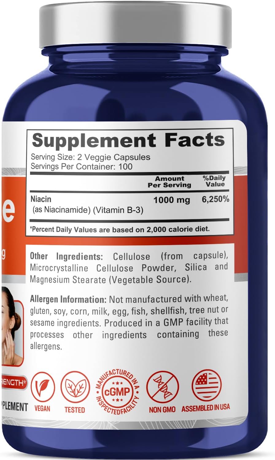 NusaPure Niacinamide 1000mg 200 Veggie Capsules - Non-GMO, Vegan Formula for Flush Free Support
