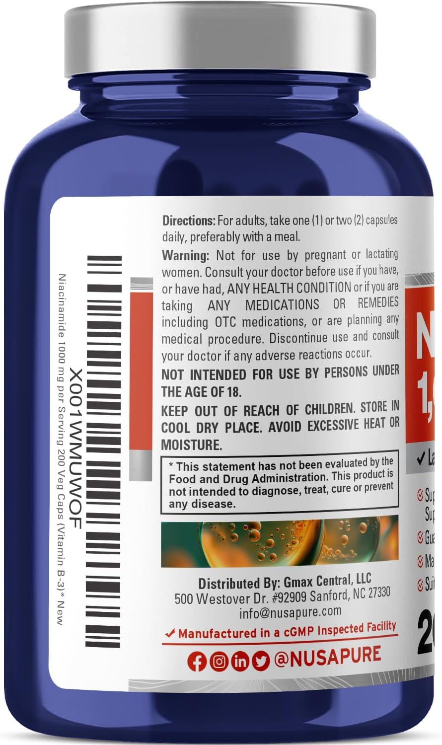 NusaPure Niacinamide 1000mg 200 Veggie Capsules - Non-GMO, Vegan Formula for Flush Free Support