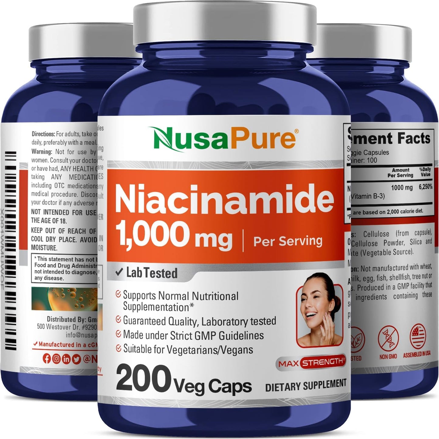 NusaPure Niacinamide 1000mg 200 Veggie Capsules - Non-GMO, Vegan Formula for Flush Free Support