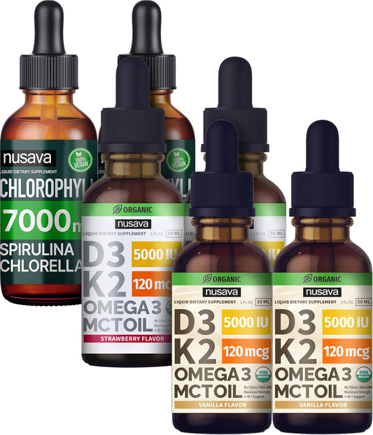 NUSAVA Liquid Vitamin Bundle: Strawberry & Vanilla D3 K2 Drops + Chlorophyll Liquid Drops - Heart, Joint, Energy, Immune Support - Non-GMO, Gluten-Free - 2pk