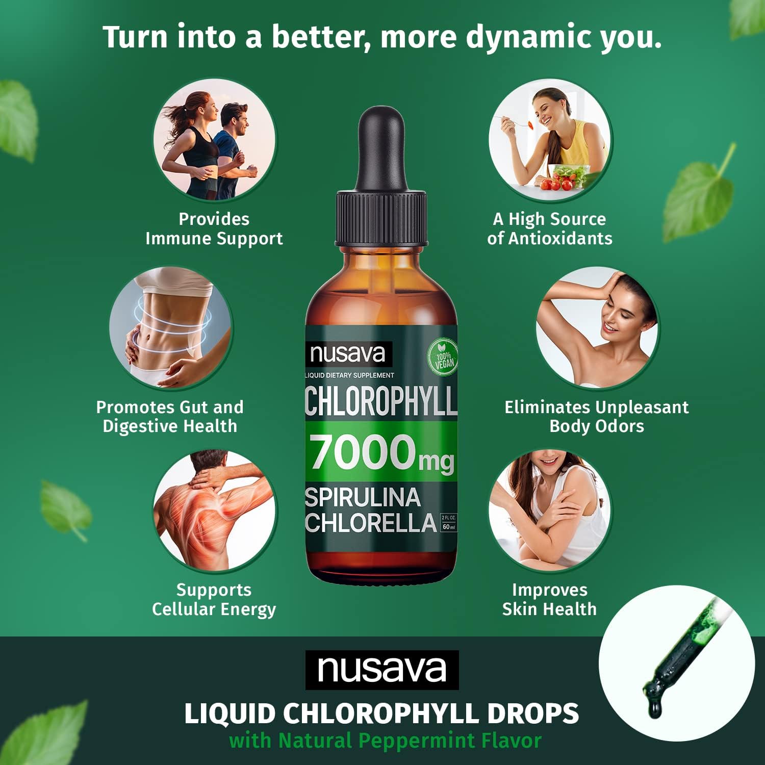 NUSAVA Liquid Vitamin Bundle: Strawberry & Vanilla D3 K2 Drops + Chlorophyll Liquid Drops - Heart, Joint, Energy, Immune Support - Non-GMO, Gluten-Free - 2pk