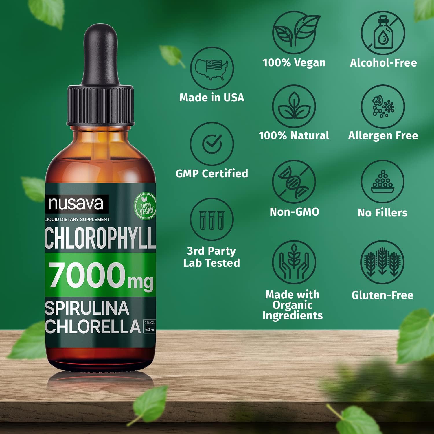 NUSAVA Liquid Vitamin Bundle: Strawberry & Vanilla D3 K2 Drops + Chlorophyll Liquid Drops - Heart, Joint, Energy, Immune Support - Non-GMO, Gluten-Free - 2pk