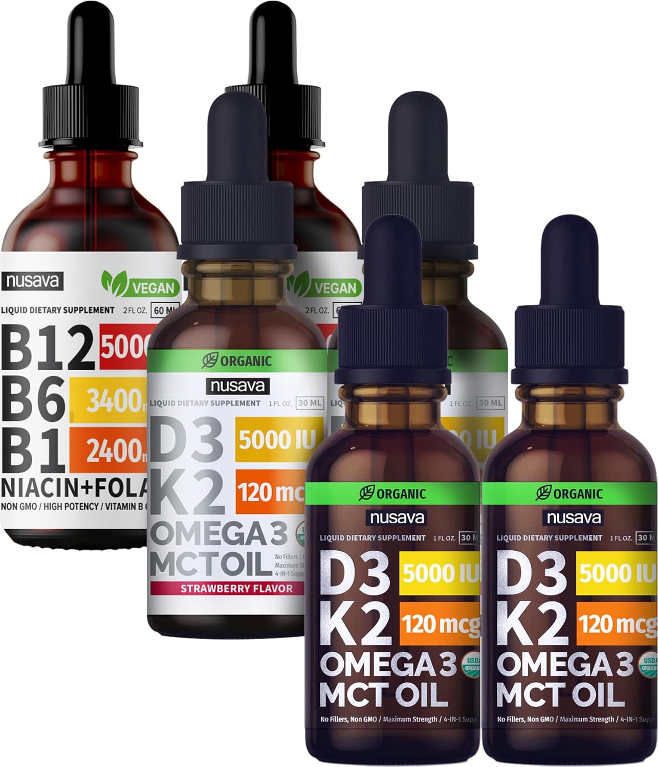 NUSAVA Liquid Vitamin Bundle: Unflavored D3 K2, Strawberry D3 K2, & B12 Drops - Heart, Joint, Energy, Immune Support - Non-GMO, Gluten-Free - 2pk Each