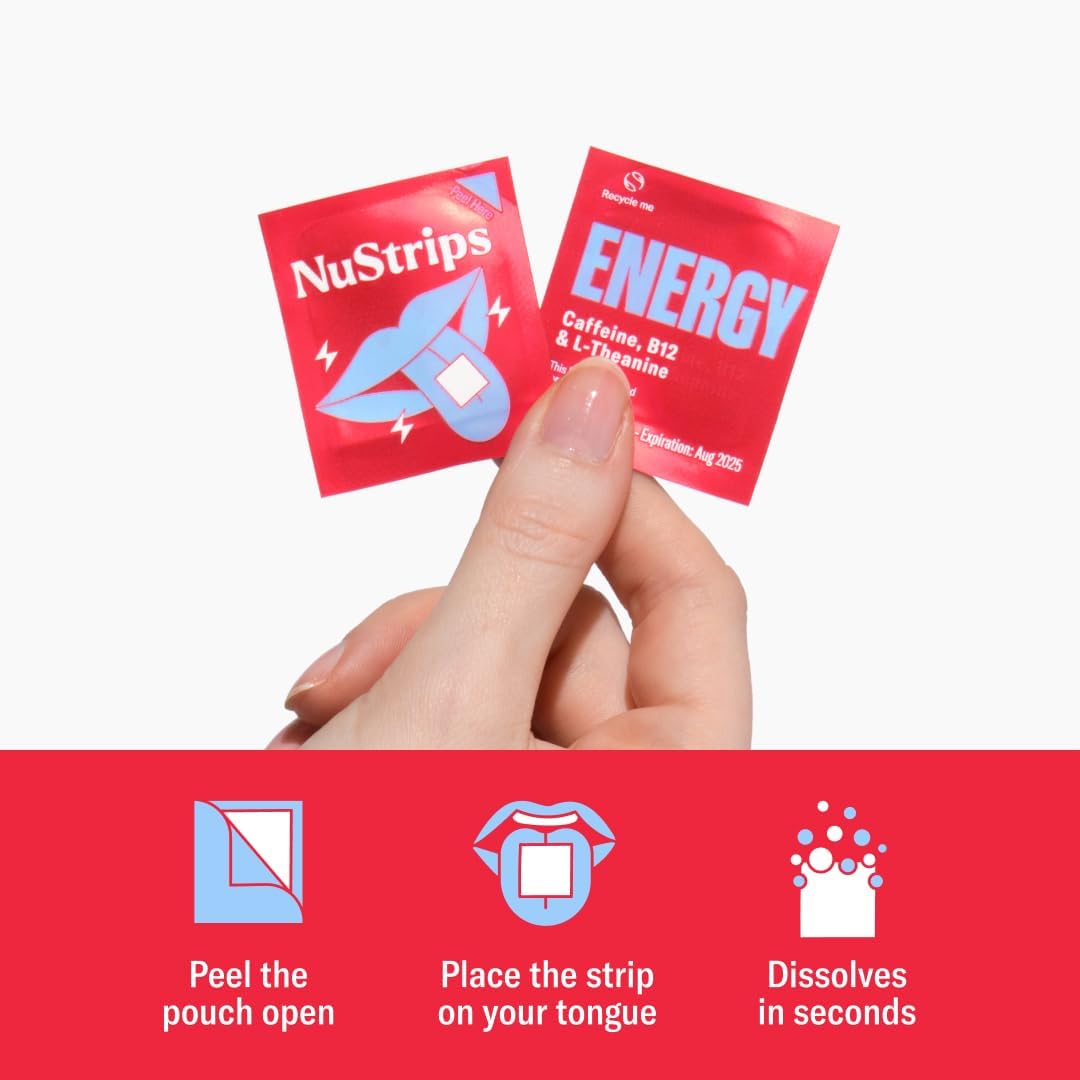 NuStrips Energy: Fast-Absorbing Natural Energy Strips with Caffeine, L-Theanine, and Vitamin B12 - 30 Pack