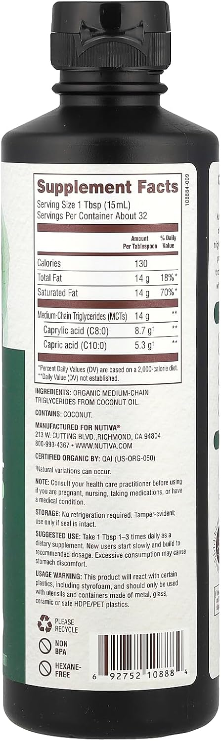 Nutiva Organic MCT Oil - 16 fl oz, Unflavored for Keto Coffee - Non-GMO Oil from Organic Coconuts - Keto Friendly Supplement with 14g of C8 & C10 - Best MCT Oil for Wellness & Ketosis