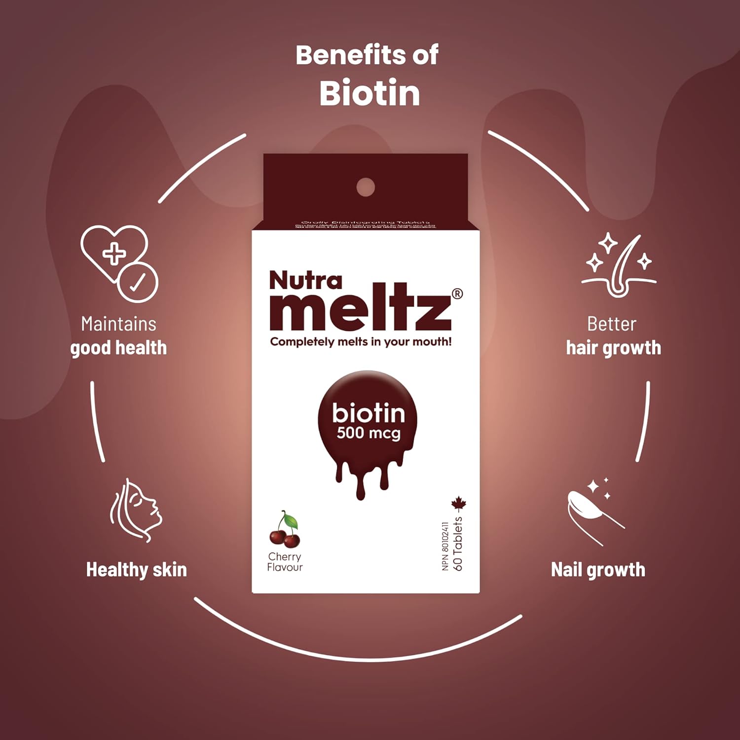 Nutra Meltz Biotin 500 mcg Melting Tablets - 60 Count - Cherry Flavor - Hair, Skin, Nail Support
