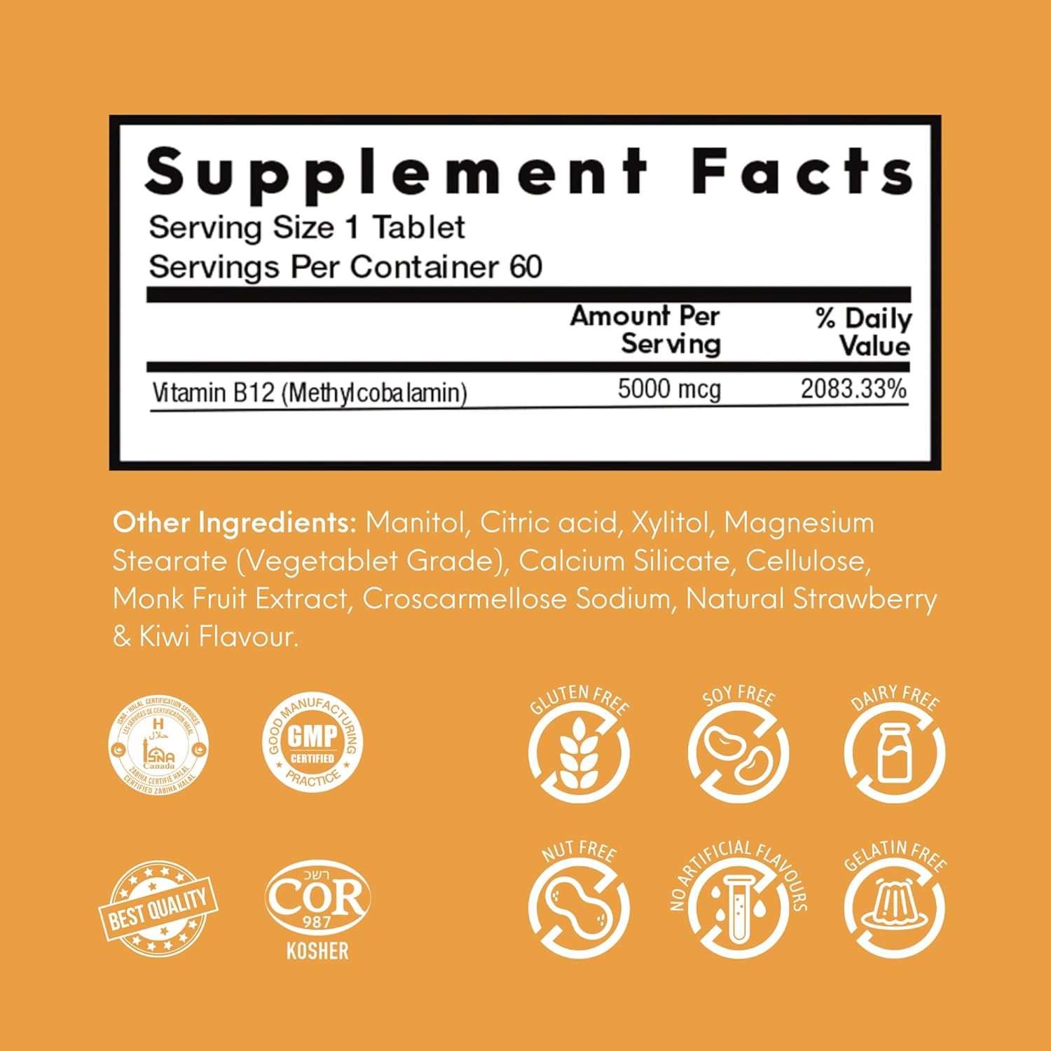 Nutra Meltz Vitamin B12 5000 mcg Quick Dissolving Tablets - Methylcobalamin for Energy, Cognition, Red Blood Cells - Strawberry & Kiwi Flavor - 60 Tablets