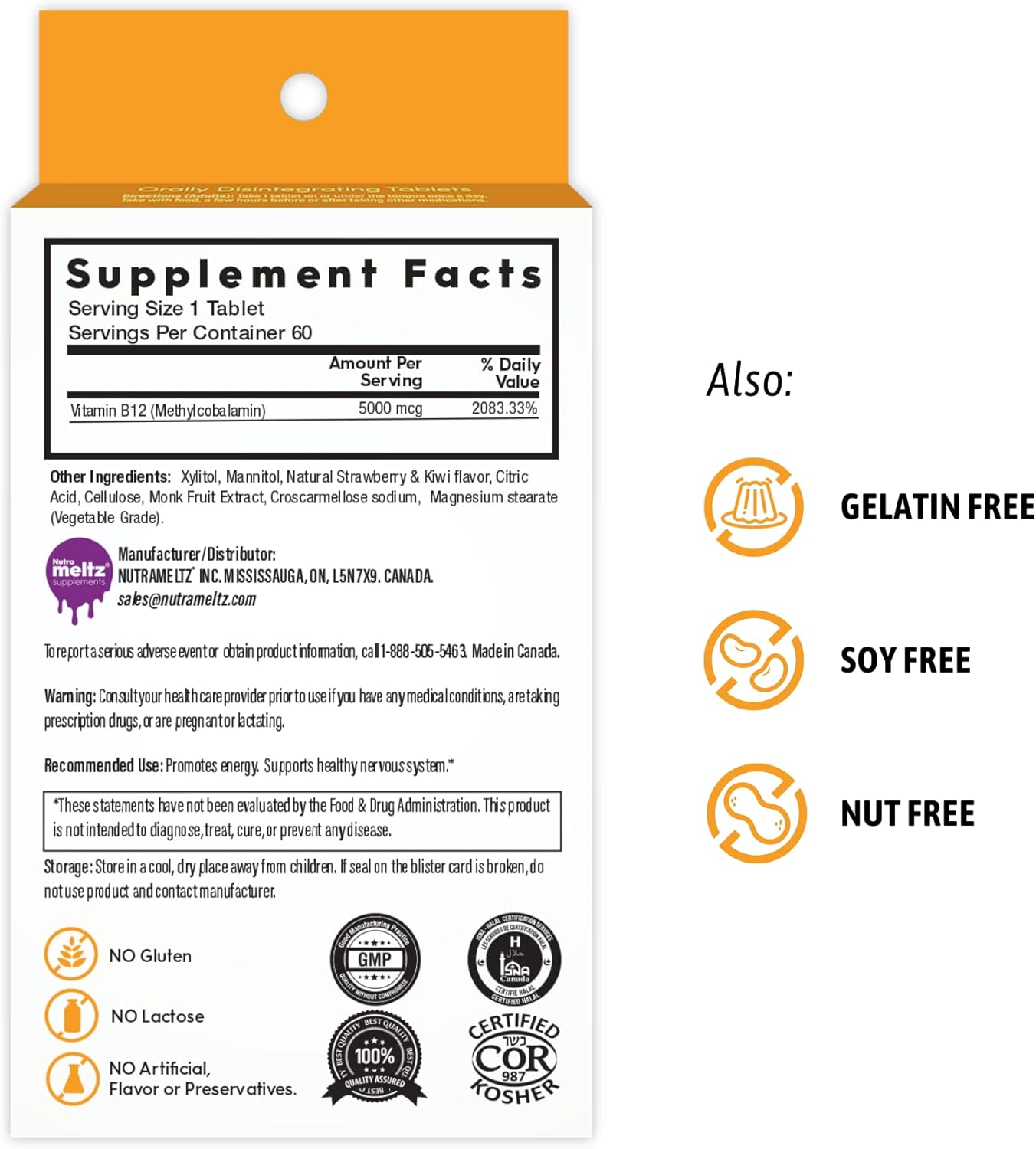 Nutra Meltz Vitamin B12 5000 mcg Quick Dissolving Tablets - Methylcobalamin for Energy, Cognition, Red Blood Cells - Strawberry & Kiwi Flavor - 60 Tablets