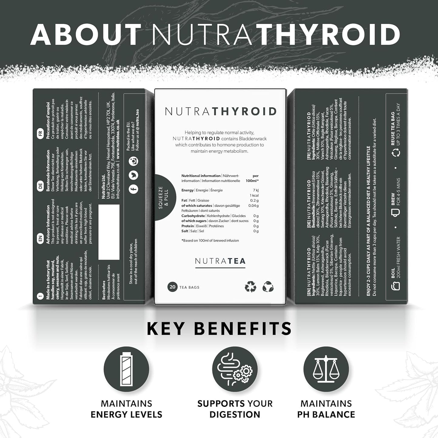 Nutra Tea Thyroid Support Herbal Tea - 40 Enveloped Tea Bags - Metabolism & Thyroid Function - 2 Pack