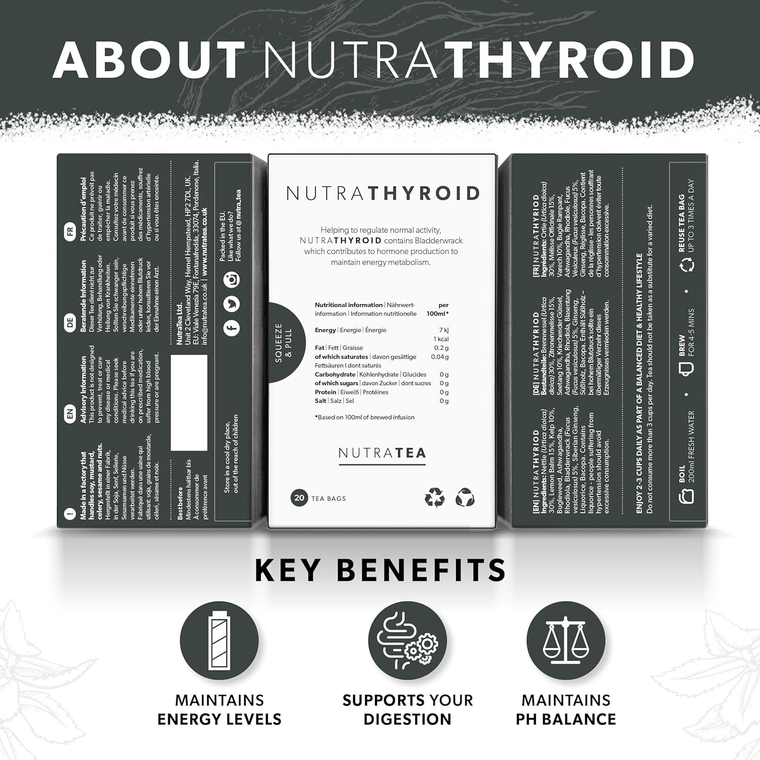 Nutra Tea Thyroid Support Herbal Tea - 40 Enveloped Tea Bags - Metabolism & Thyroid Function - 2 Pack