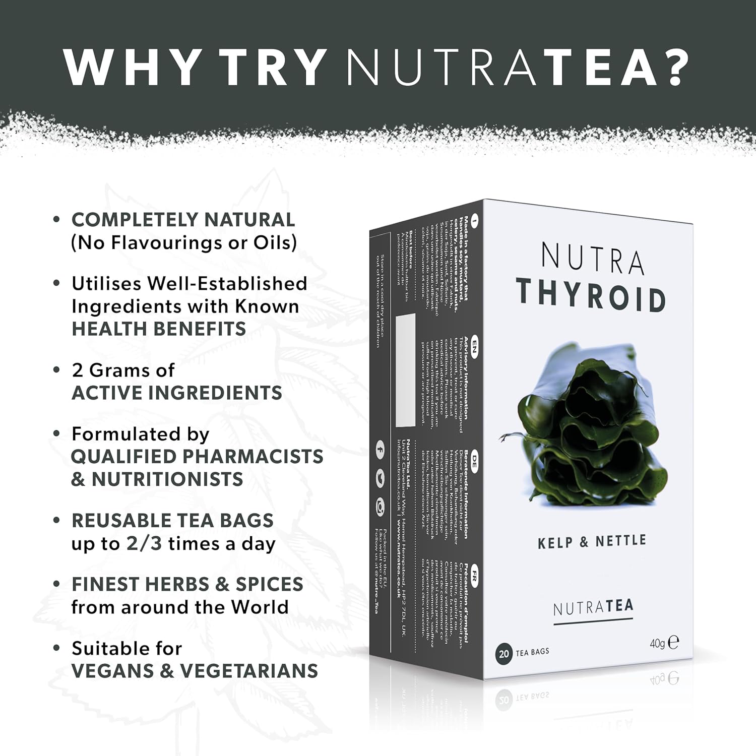 Nutra Tea Thyroid Support Herbal Tea - 40 Enveloped Tea Bags - Metabolism & Thyroid Function - 2 Pack