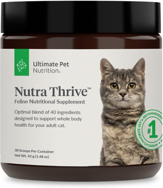 Nutra Thrive Cat Supplement - Complete 40-in-1 Nutrition for Cats - Vitamins, Minerals, Probiotics, Enzymes, Antioxidants - 30 Servings