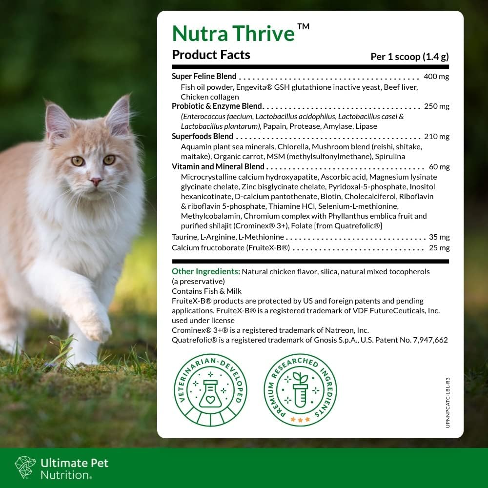 Nutra Thrive Cat Supplement - Complete 40-in-1 Nutrition for Cats - Vitamins, Minerals, Probiotics, Enzymes, Antioxidants - 30 Servings
