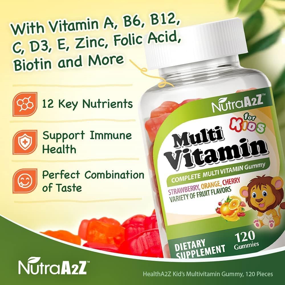NutraA2Z Kids Multivitamin 120 Count Dietary Supplement | Fruity Flavors | Vitamins A, B6, B12, C, D, E, Zinc, Folic Acid, Biotin, Iodine, Choline & Calcium