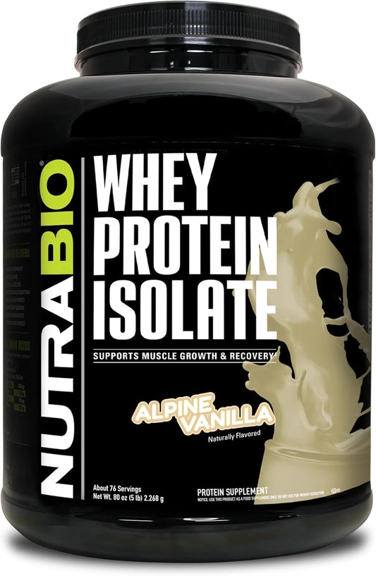 NutraBio Alpine Vanilla Whey Protein Isolate Powder - 25g Protein Per Scoop, Complete Amino Acid Profile, Soy & Gluten Free, Non-GMO - 5 Lbs.