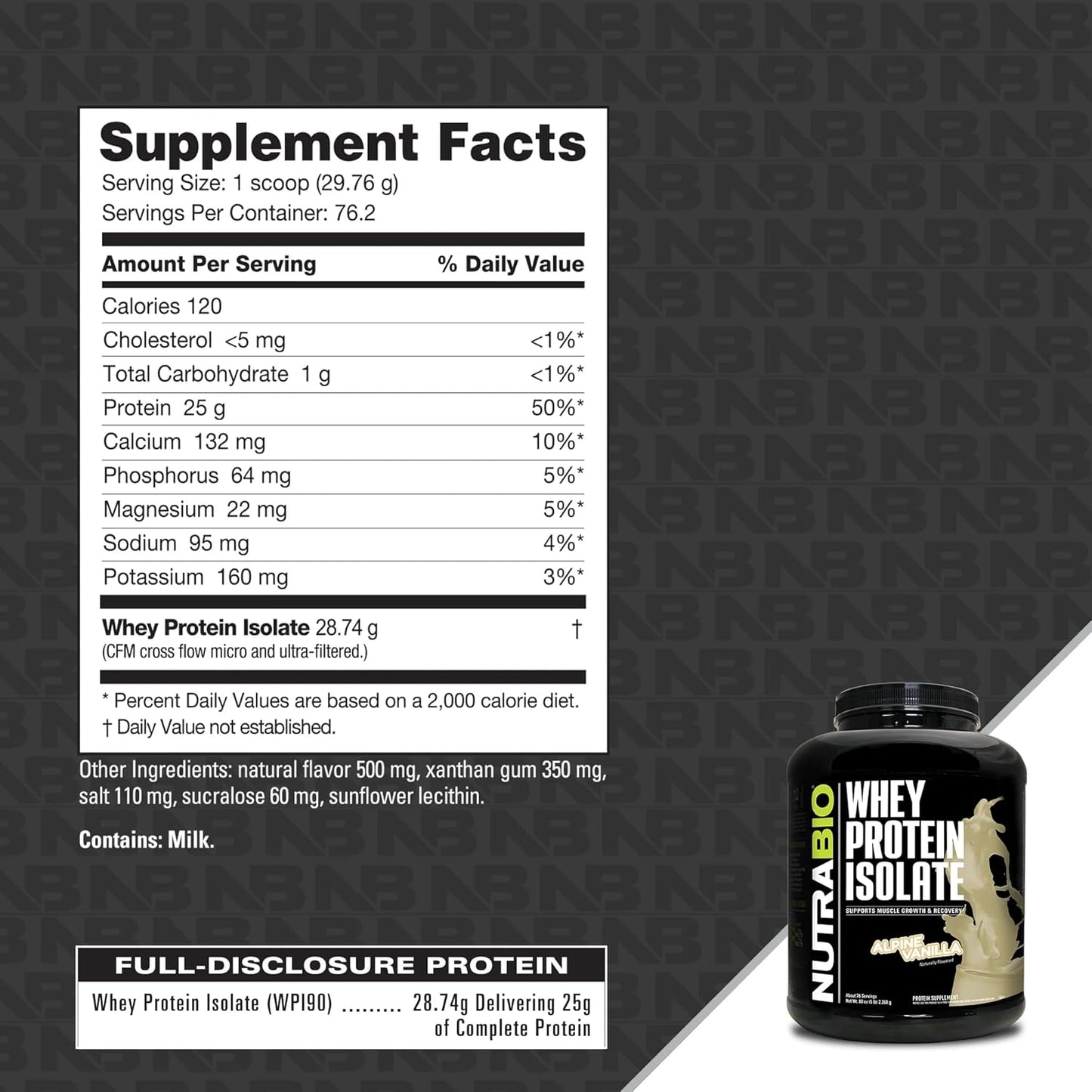 NutraBio Alpine Vanilla Whey Protein Isolate Powder - 25g Protein Per Scoop, Complete Amino Acid Profile, Soy & Gluten Free, Non-GMO - 5 Lbs.
