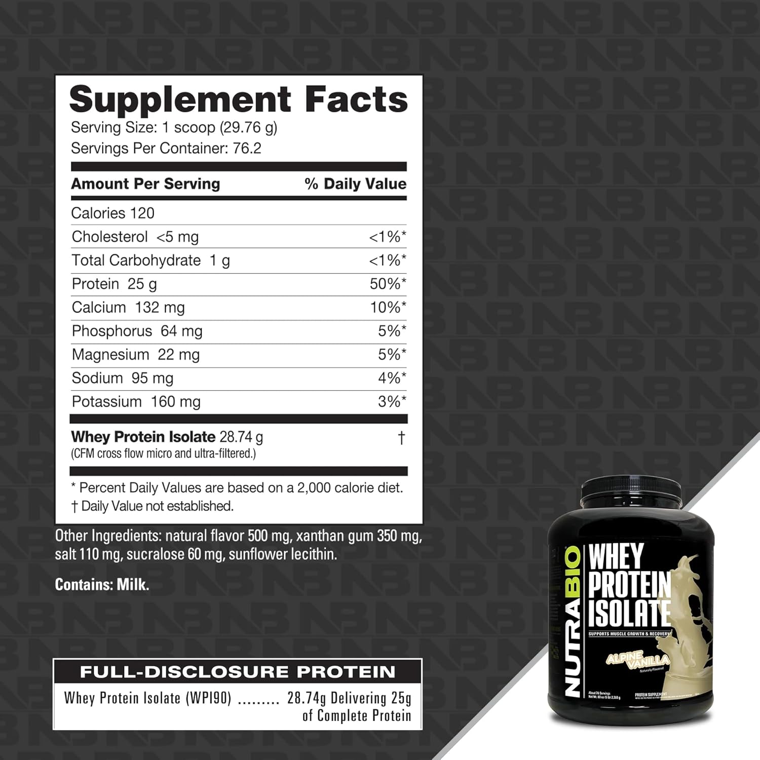 NutraBio Alpine Vanilla Whey Protein Isolate Powder - 25g Protein Per Scoop, Complete Amino Acid Profile, Soy & Gluten Free, Non-GMO - 5 Lbs.