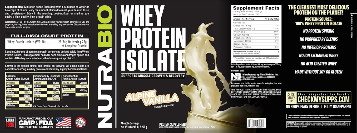 NutraBio Alpine Vanilla Whey Protein Isolate Powder - 25g Protein Per Scoop, Complete Amino Acid Profile, Soy & Gluten Free, Non-GMO - 5 Lbs.
