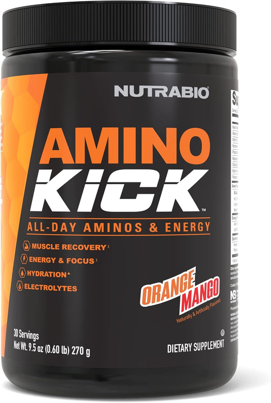 NutraBio Amino Kick Orange Mango - BCAA's, Electrolytes, Natural Caffeine - 30 Servings for Hydration and Energy Boost