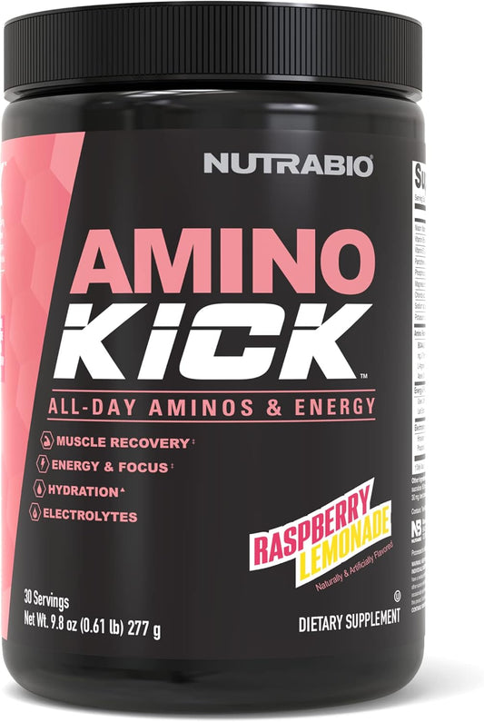 NutraBio Amino Kick: Raspberry Lemonade Amino Acid Energy Formula with BCAA's, Electrolytes, and Natural Caffeine - 30 Servings