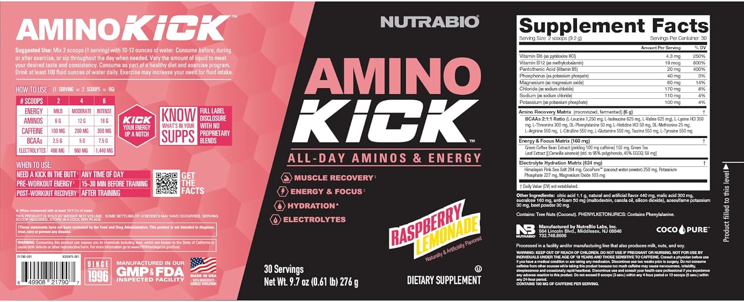NutraBio Amino Kick: Raspberry Lemonade Amino Acid Energy Formula with BCAA's, Electrolytes, and Natural Caffeine - 30 Servings