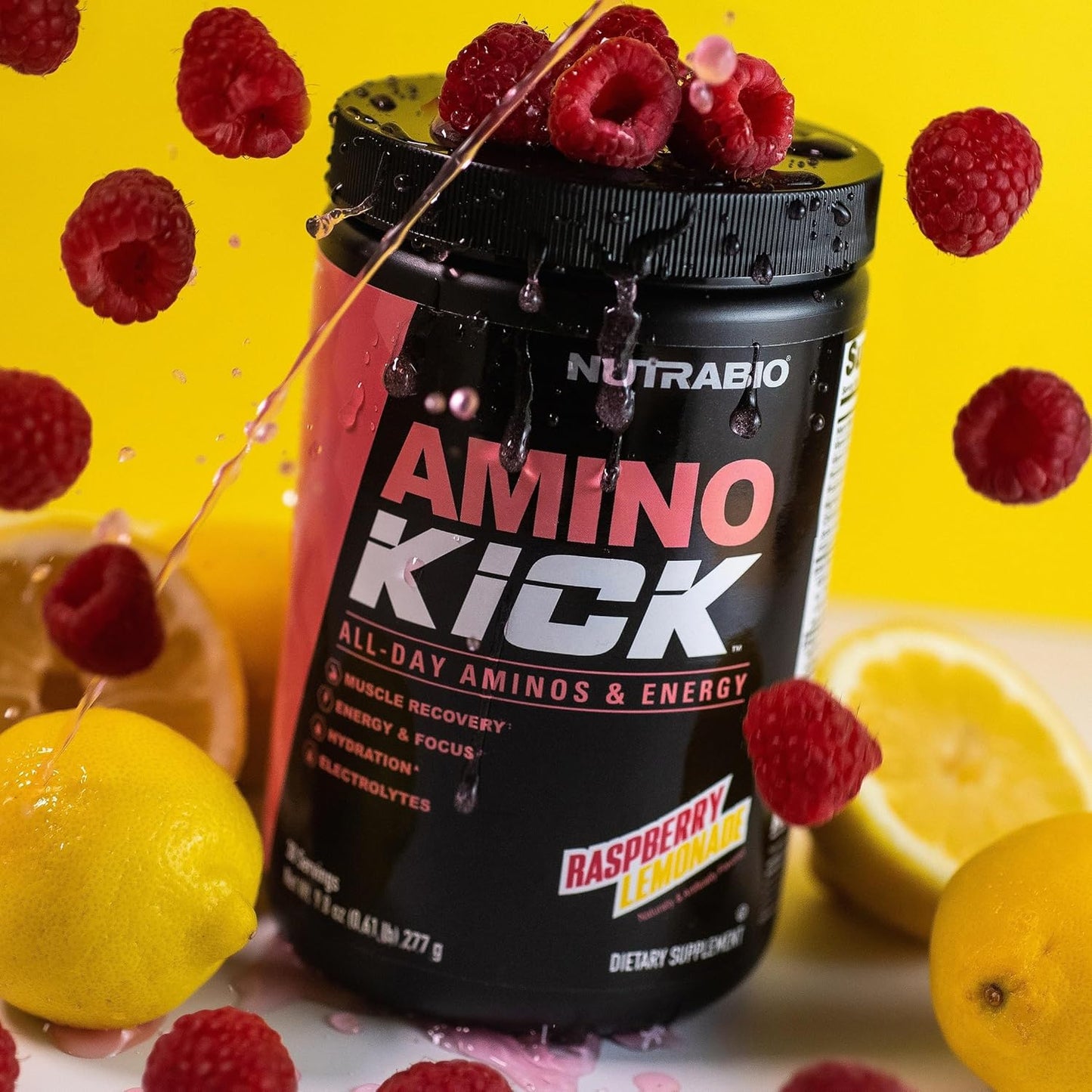 NutraBio Amino Kick: Raspberry Lemonade Amino Acid Energy Formula with BCAA's, Electrolytes, and Natural Caffeine - 30 Servings