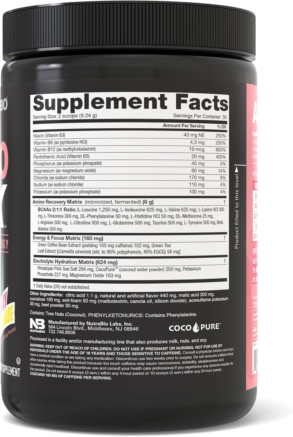 NutraBio Amino Kick: Raspberry Lemonade Amino Acid Energy Formula with BCAA's, Electrolytes, and Natural Caffeine - 30 Servings