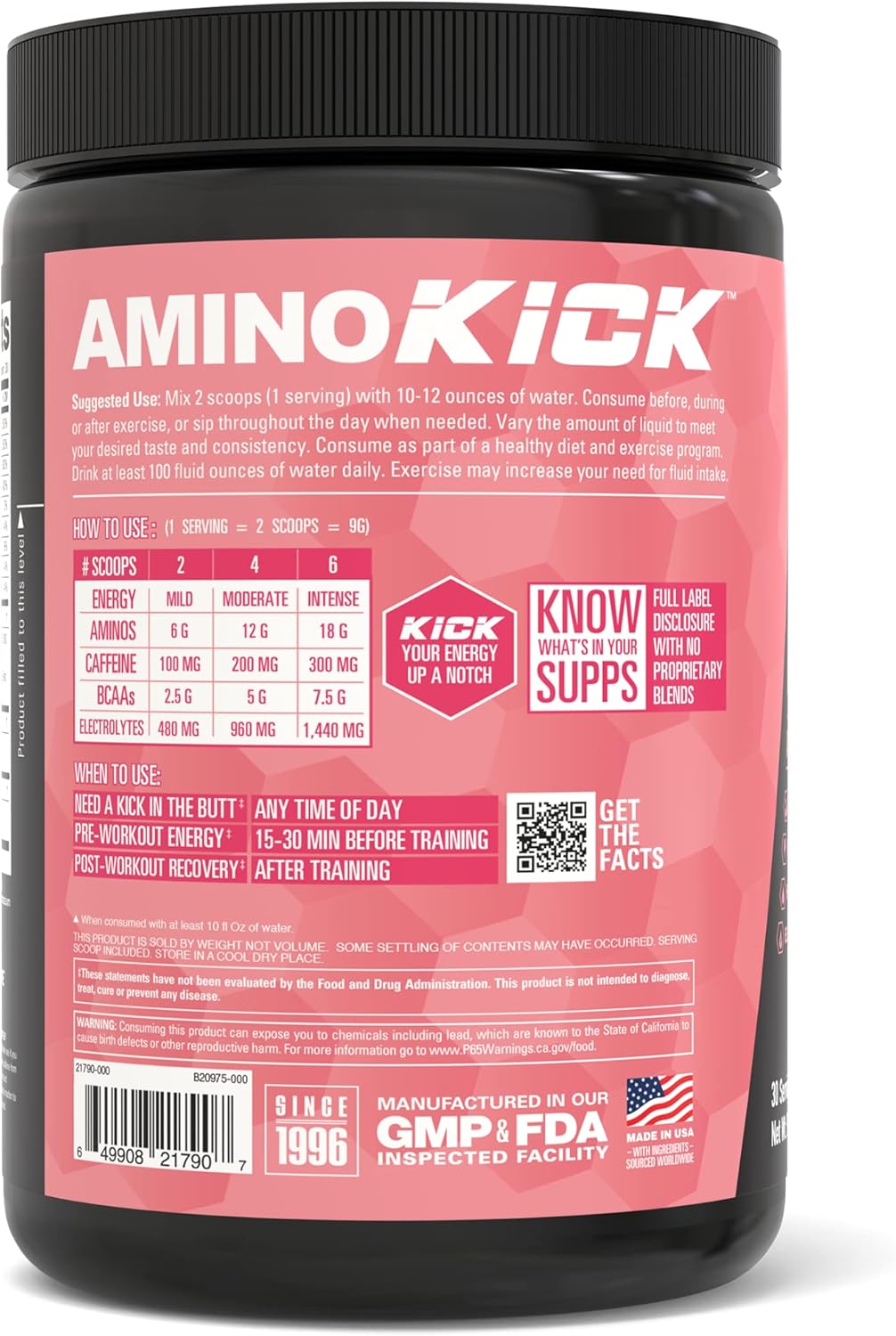 NutraBio Amino Kick: Raspberry Lemonade Amino Acid Energy Formula with BCAA's, Electrolytes, and Natural Caffeine - 30 Servings