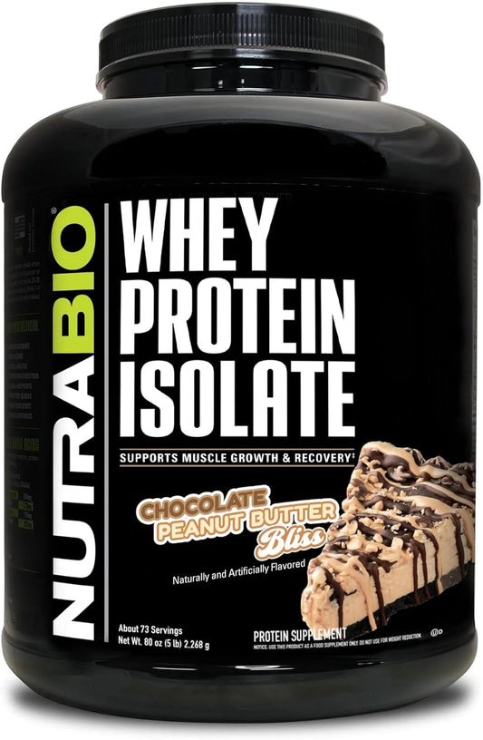 NutraBio Chocolate Peanut Butter Whey Protein Isolate Powder - 25g Protein Per Scoop - Complete Amino Acids - 5 Lbs. Non-GMO, Soy & Gluten Free