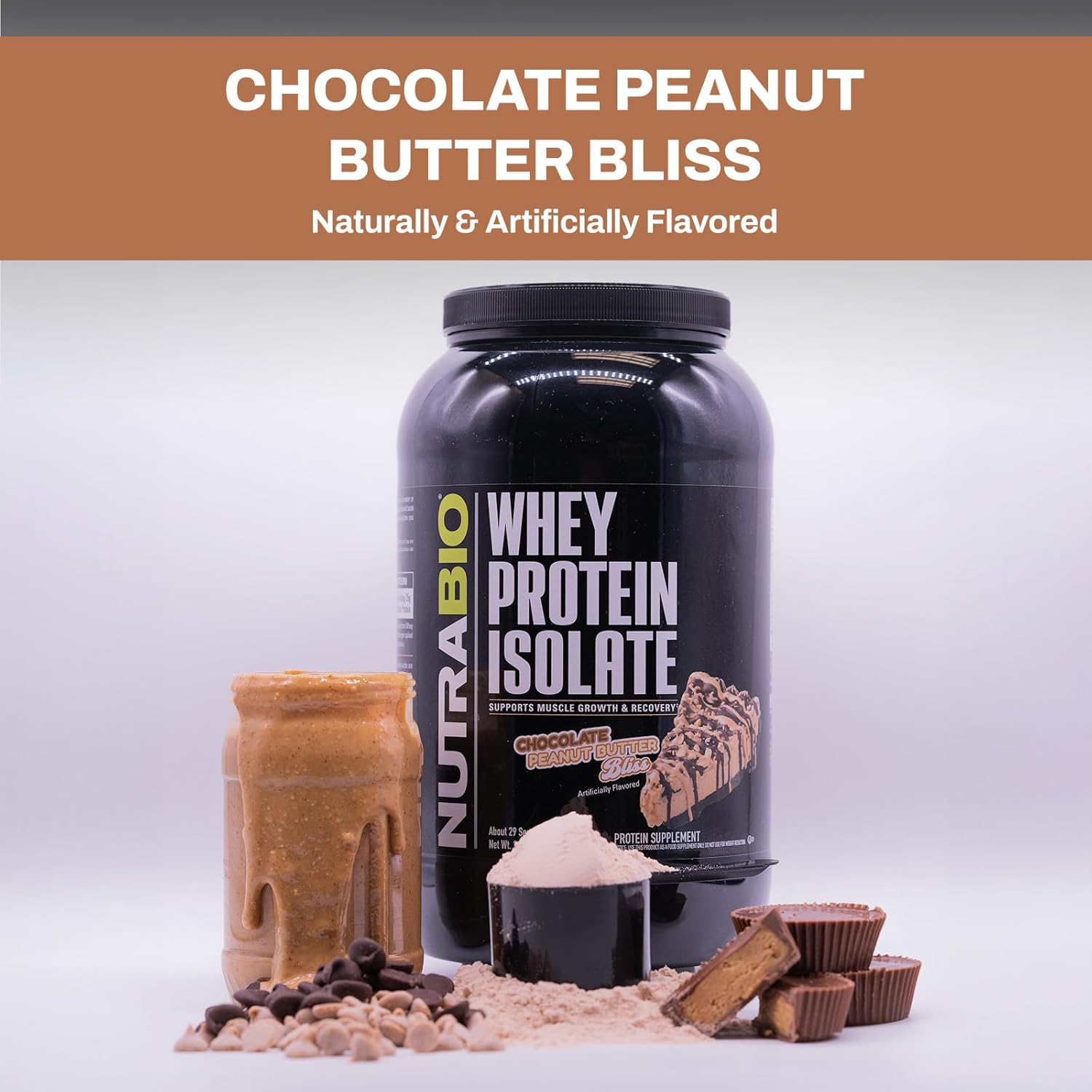 NutraBio Chocolate Peanut Butter Whey Protein Isolate Powder - 25g Protein Per Scoop - Complete Amino Acids - 5 Lbs. Non-GMO, Soy & Gluten Free