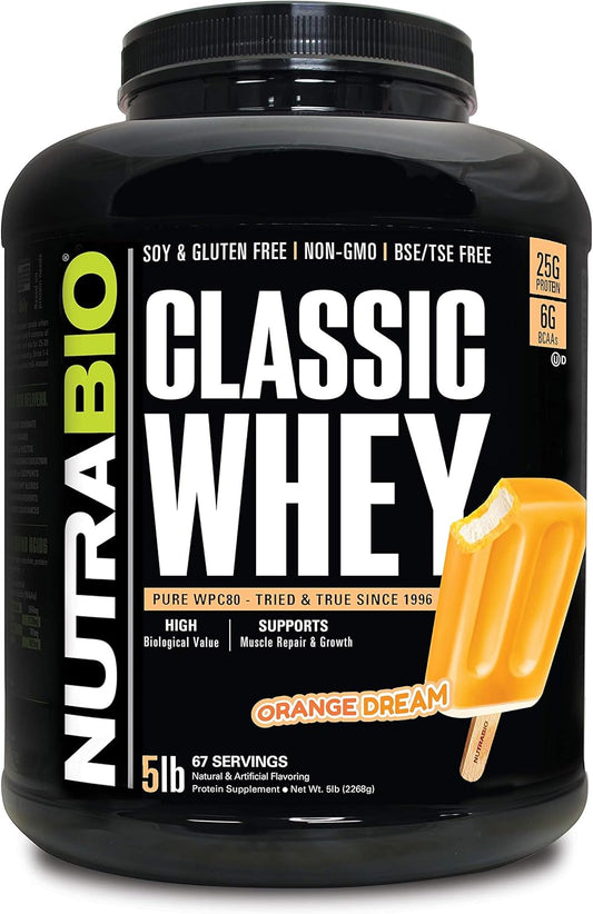 NutraBio Classic Whey Protein Powder Orange Dream Flavor - 5lb Tub - High Protein Content - No Artificial Additives