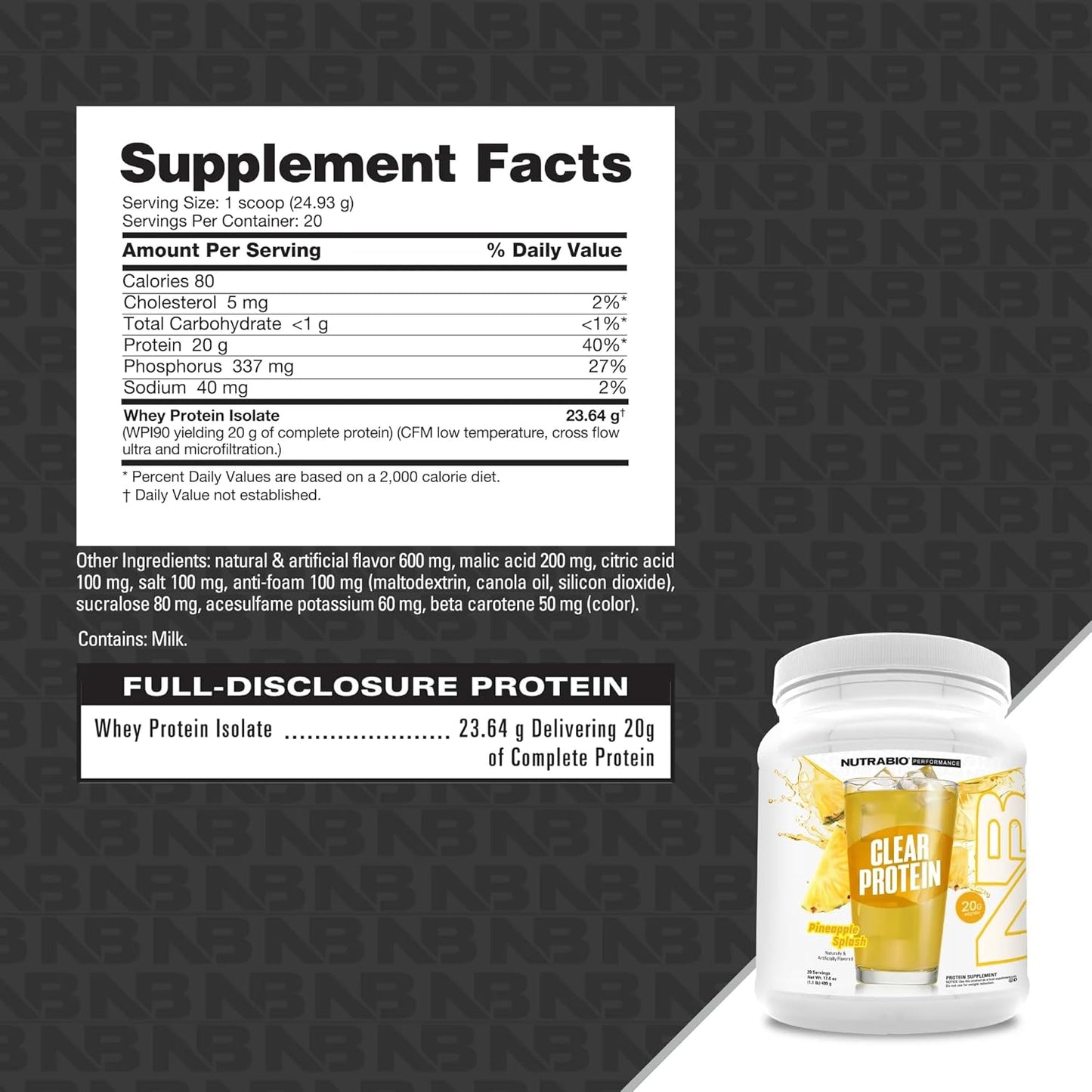 NutraBio Clear Whey Isolate Protein Powder - Pineapple Splash Flavor, Zero Sugar, 20 Servings