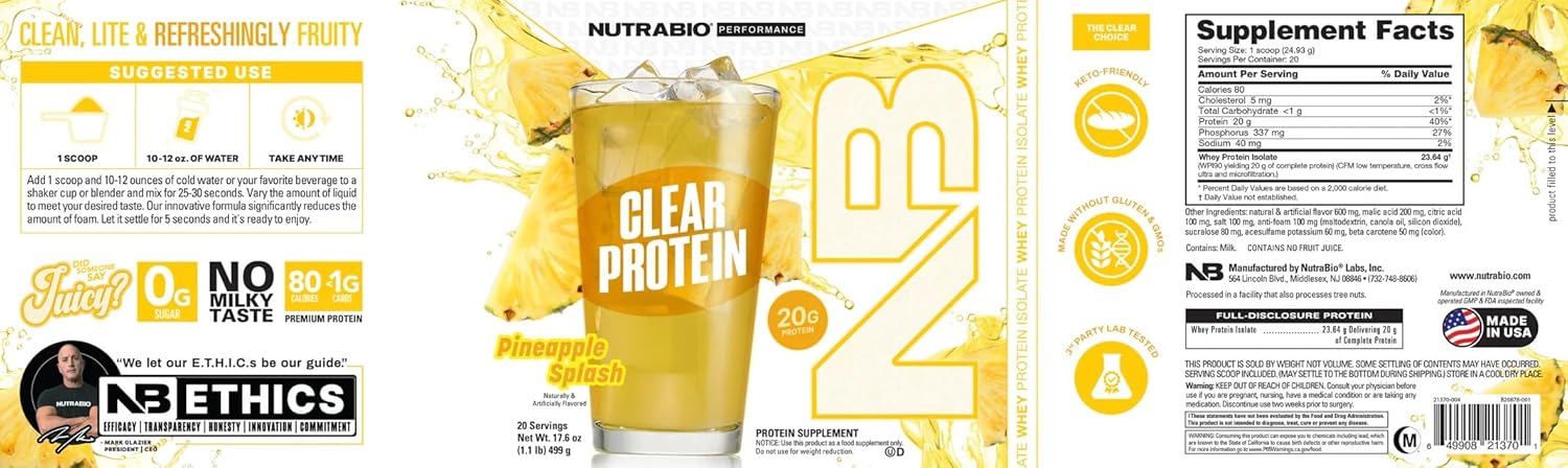 NutraBio Clear Whey Isolate Protein Powder - Pineapple Splash Flavor, Zero Sugar, 20 Servings