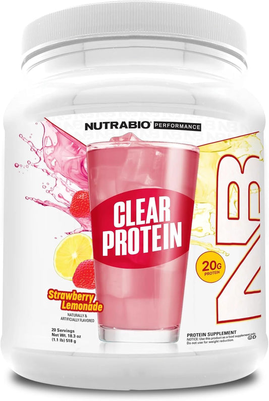 NutraBio Clear Whey Isolate Protein Powder - Strawberry Lemonade Flavor, Refreshing Protein Juice with Zero Sugar - 20 Servings