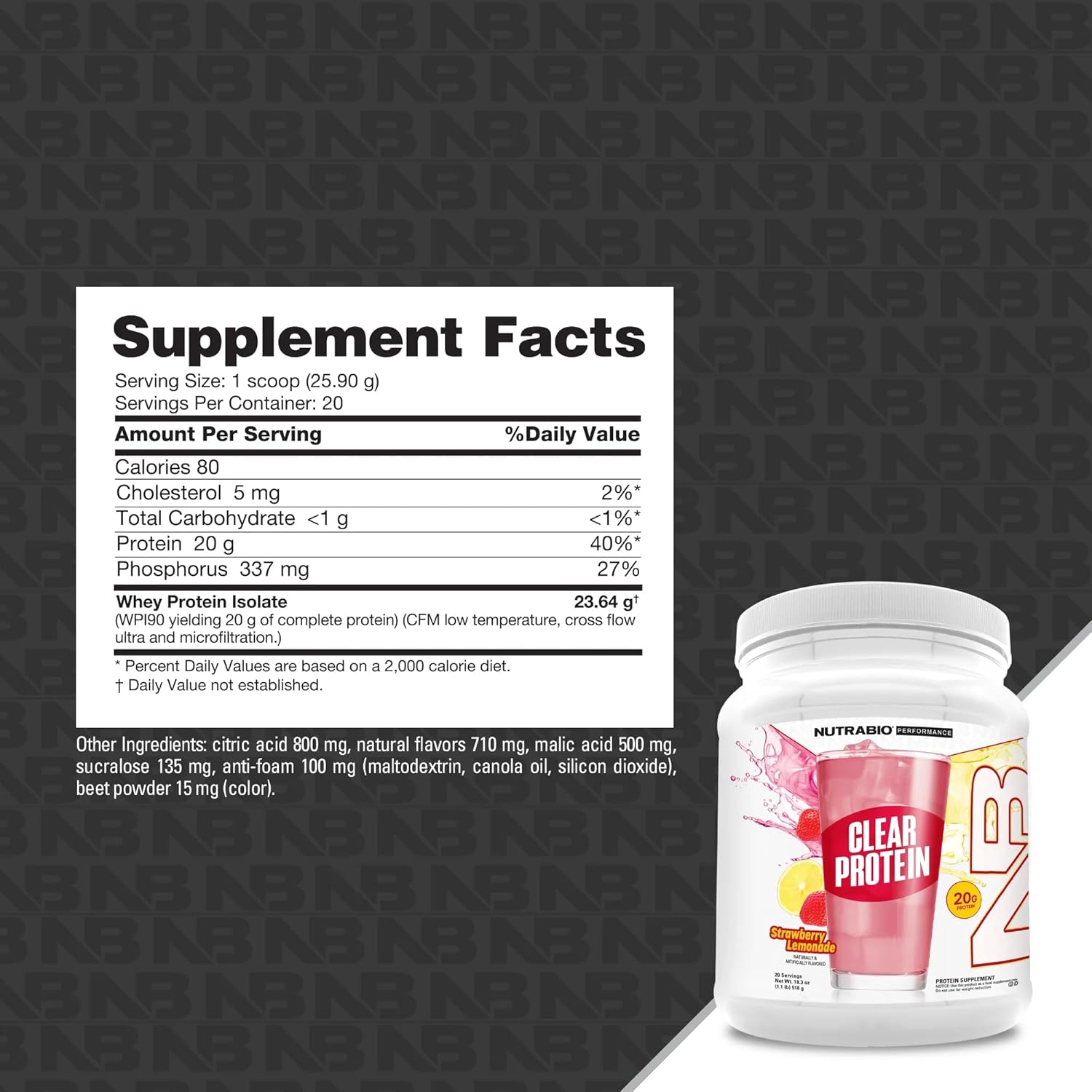 NutraBio Clear Whey Isolate Protein Powder - Strawberry Lemonade Flavor, Refreshing Protein Juice with Zero Sugar - 20 Servings