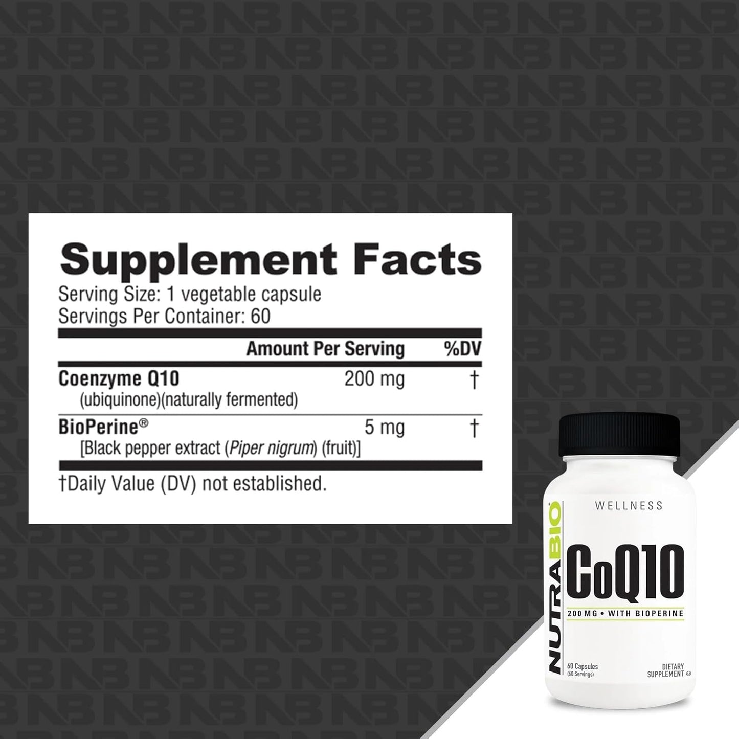 NutraBio CoQ10 Supplement with Bioperine for Heart Health & Energy, 200mg - 60 Capsules