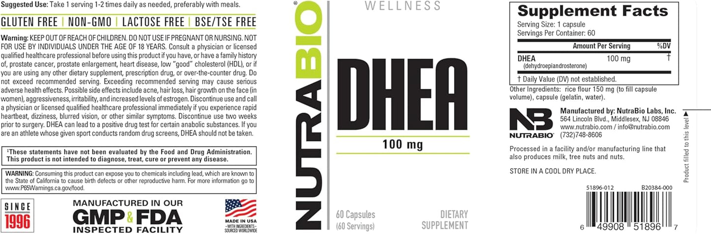 NutraBio DHEA (100 mg) Supplement for Men and Women - 60 Capsules