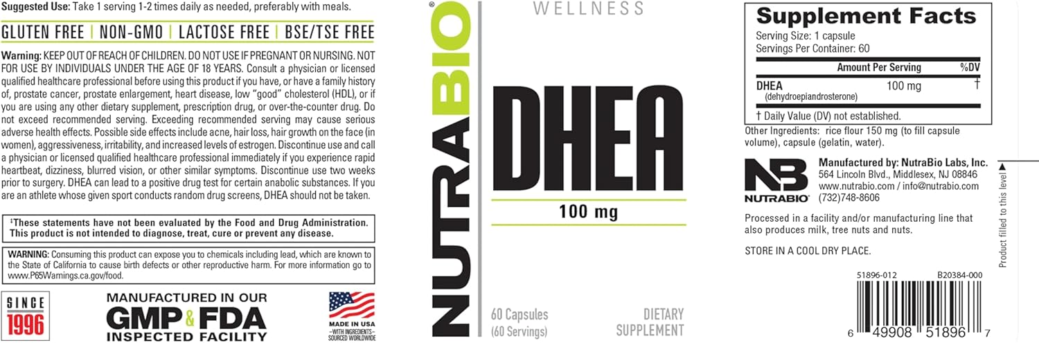 NutraBio DHEA (100 mg) Supplement for Men and Women - 60 Capsules