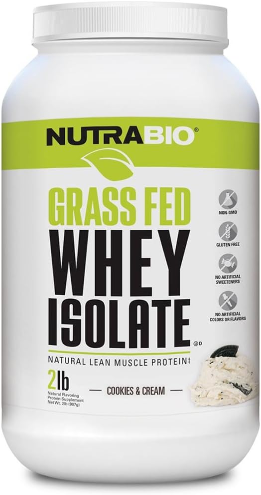 NutraBio Grass Fed Whey Isolate Protein Powder - Cookies & Cream Flavor - 25G Protein Per Scoop - 2lb, 29 Servings - Sugar-Free Lean Muscle Supplement